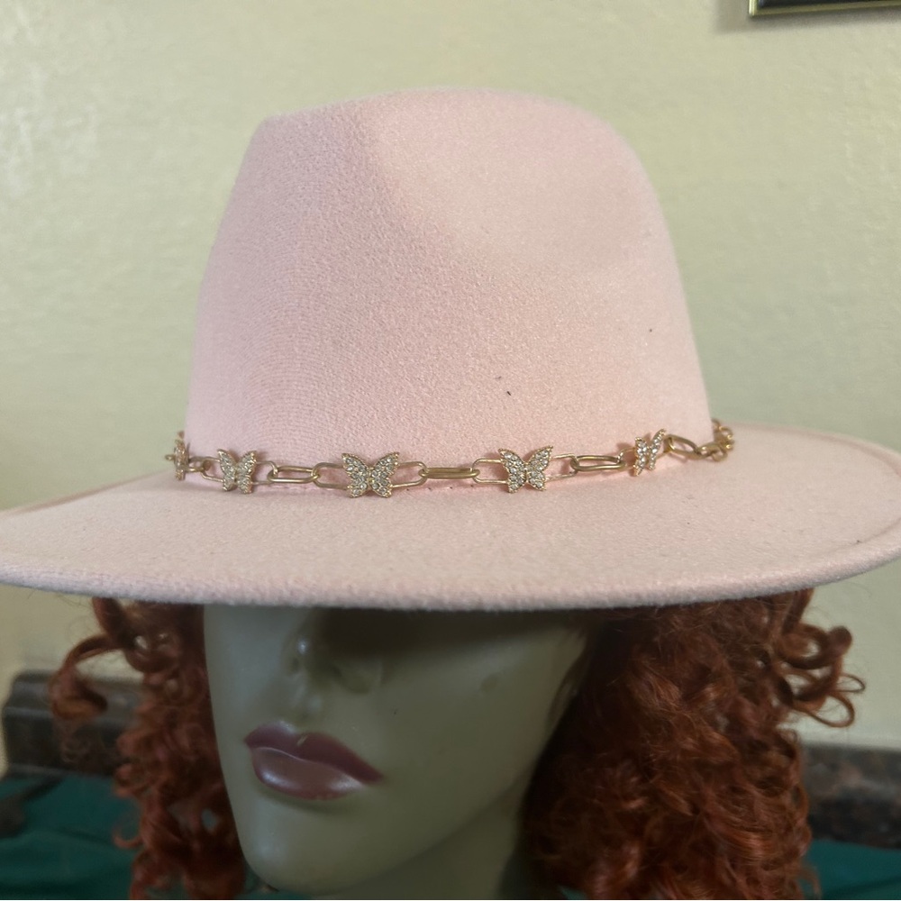 Stylish Pink Fedora with Butterfly Chain